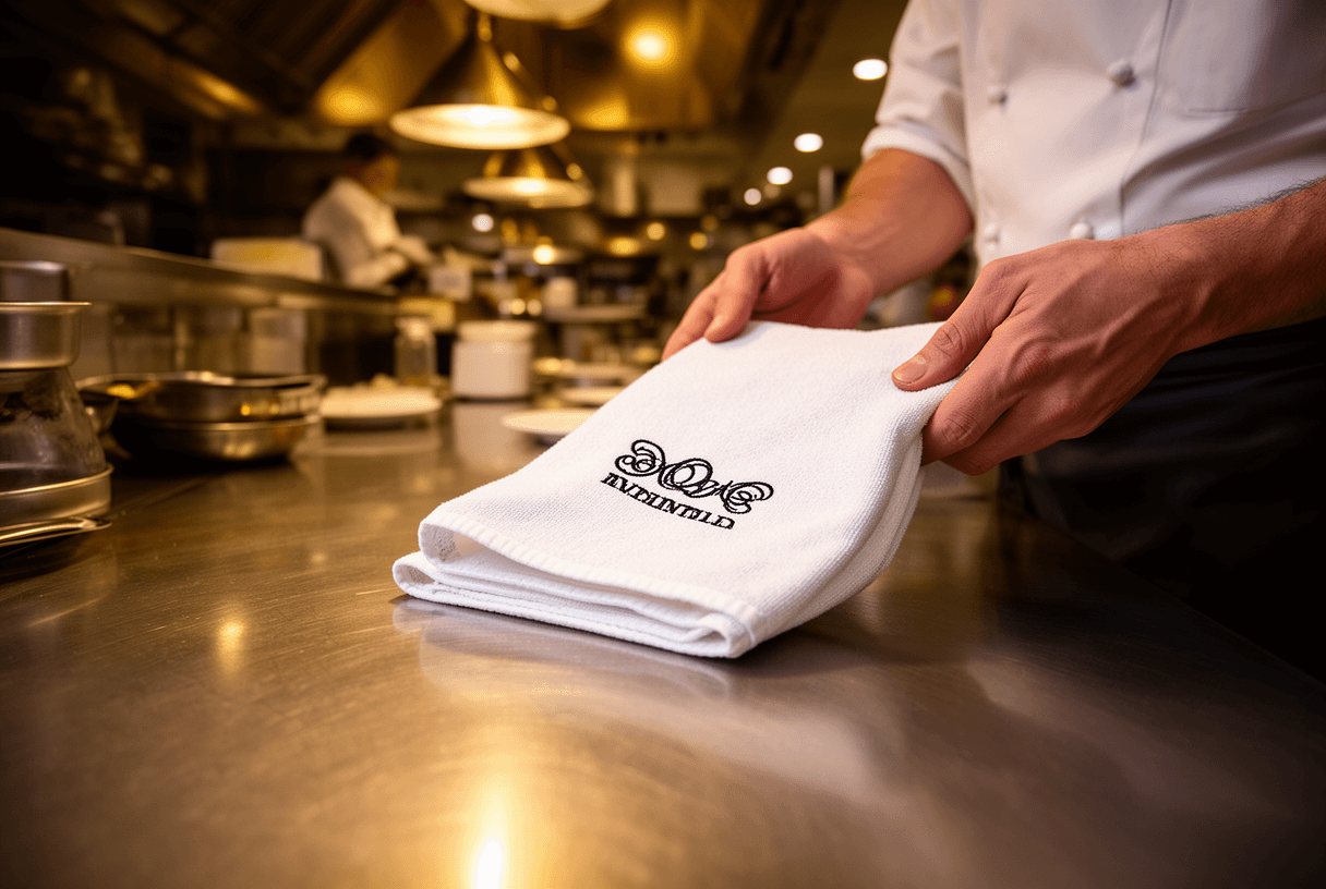 chef pliant torchon coton brodé avec logo dans une cuisine pro