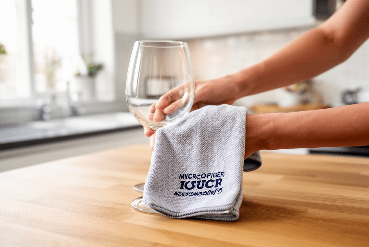 scène cuisine avec torchon microfibre publicitaire séchant un verre